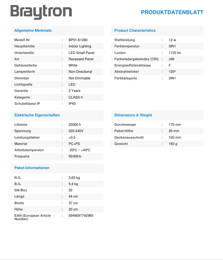 Braytron LED Deckenleuchte 12W 230V Anschluss Warmweiß, Neutralweiß, Kaltweiß 3IN1, 1120 Lumen, IP40 Deckenlampe für Wohnzimmer, Küche, Flur (Weiß) – Ansicht 10