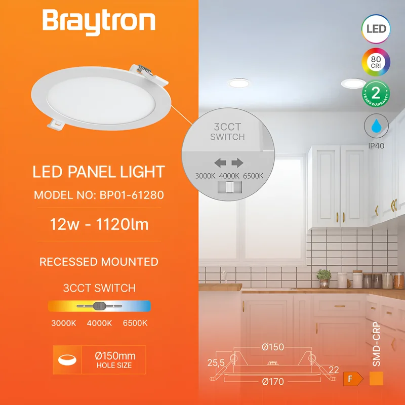 Braytron LED Deckenleuchte 12W 230V Anschluss Warmweiß, Neutralweiß, Kaltweiß 3IN1, 1120 Lumen, IP40 Deckenlampe für Wohnzimmer, Küche, Flur (Weiß) – Ansicht 3