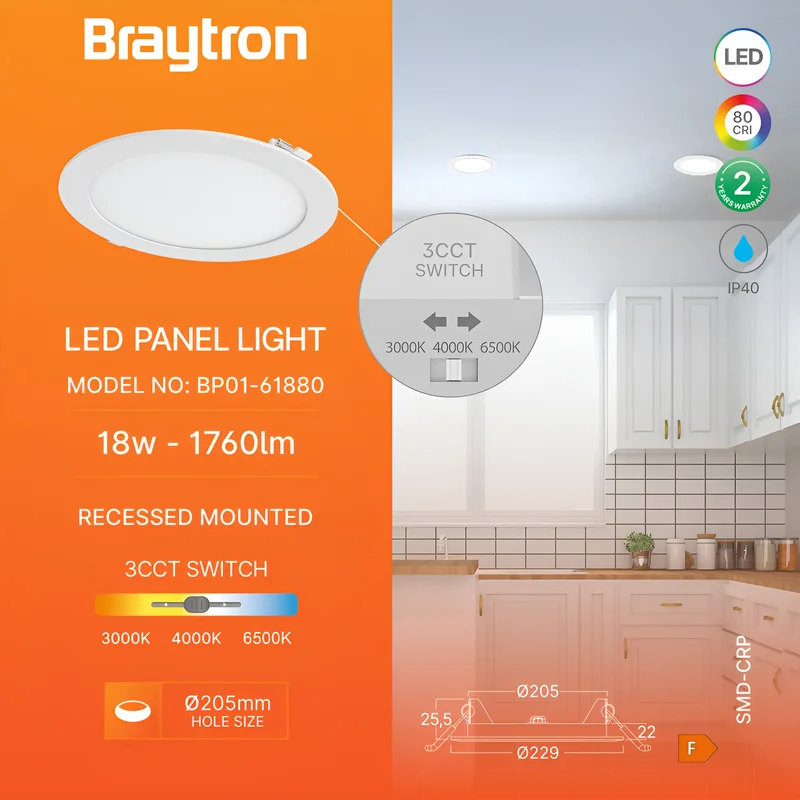 Braytron Ultraslim LED Einbaustrahler 18W Weiß Ø229mm 3CCT 230V 1760 Lumen IP40 Einbauspots 205mm Lochmaß 26mm Einbautiefe Warmweiß Neutralweiß Kaltweiß Nicht Dimmbar Deckenstrahler Flach Spot Panel – Ansicht 3