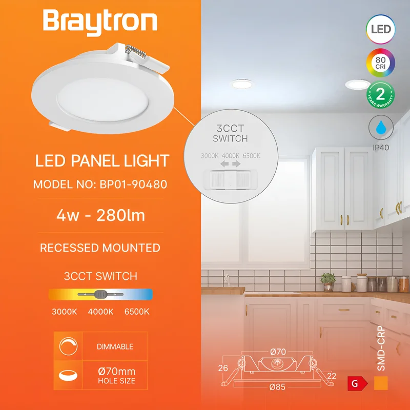 Braytrn Ultraslim LED Einbaupanel Spot 4W Ø68mm Rund Dimmbar 3 Lichtfarben 3000K 4000K 6500K 280lm 230V Deckenleuchte Einbaustrahler Flach 26mm Einbautiefe Weiß Panellampe für Wohnzimmer Büro Flur – Ansicht 3