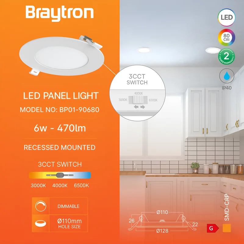Braytron LED Deckenleuchte 6W 230V Anschluss Warmweiß, Neutralweiß, Kaltweiß 3IN1, 470 Lumen, IP40 Deckenlampe für Wohnzimmer, Küche, Flur (Weiß) – Ansicht 3