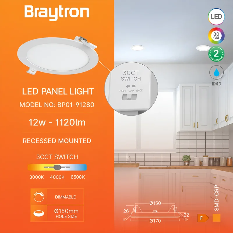 Braytron Ultraslim LED Einbaupanel Spot 12W Ø170mm Rund Dimmbar 3 Lichtfarben CCT 3000K 4000K 6500K 1120lm 230V Deckenleuchte Einbaustrahler Flach 26mm Einbautiefe Weiß Panellampe für Wohnzimmer Büro – Ansicht 3