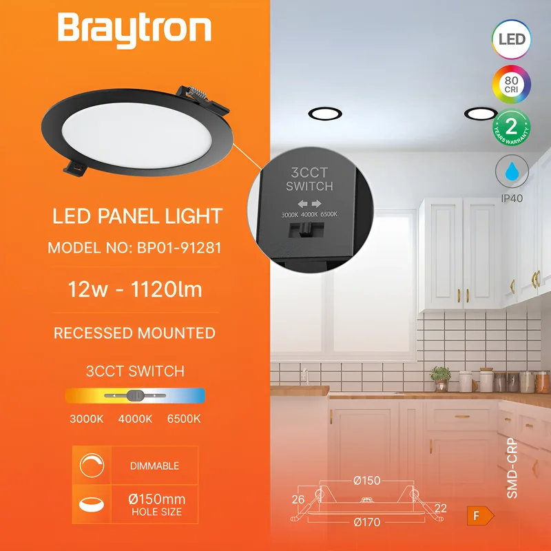 Braytron Ultraslim schwarz LED Einbaupanel Spot 12W Ø170mm Rund Dimmbar 3 Lichtfarben 3000K 4000K 6500K 1120lm 230V Deckenleuchte Einbaustrahler Flach 26mm Einbautiefe Panellampe für Wohnzimmer Büro – Ansicht 3