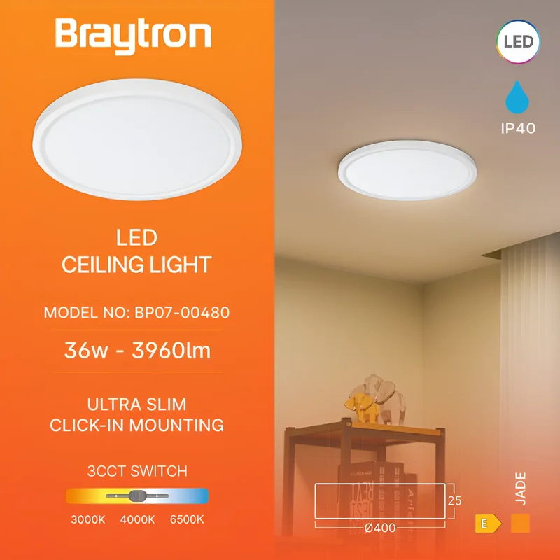 Braytron LED Deckenlampe Panel Ultradünn Flach 400mm X 23mm Rund Deckenleuchte Schlafzimmer Wohnzimmer Kinderzimmer Flur lampe 36W, Einstellbare Farbtemperatur Warmeiß, Neutralweiß, Kaltweiß – Ansicht 3