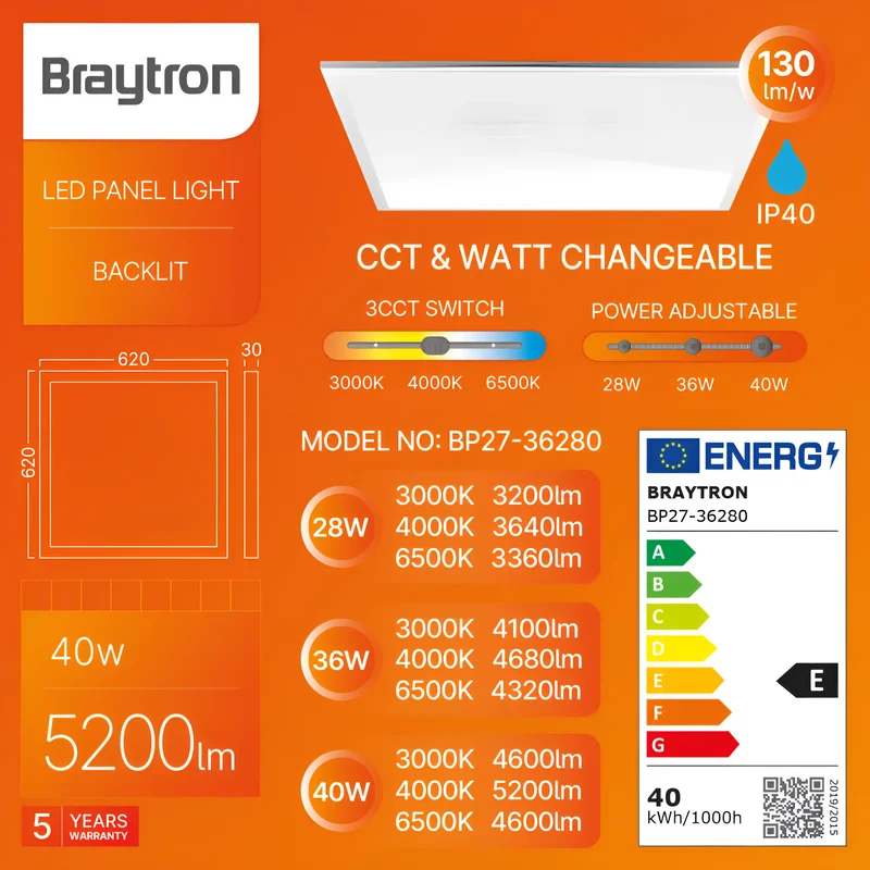 Braytron LED Backlight Panel 62x62 cm – 28W/36W/40W Leistungsumschaltbar & 3CCT 3000K/4000K/6500K – 5200lm, 130 lm/W, Rasterdecken Einbauleuchte, IP40, Büro Deckenleuchte – Ansicht 3