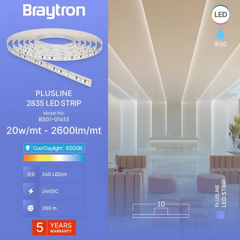 Braytron LED Streifen 5m 24V –Extrem Hell 20W/m –240 LED/m –2600lm/m –CRI80 –13.000 Lumen – selbstklebend 3M – LED Strip Band IP20 – 3000K / 4000K / 6500K (5 Jahre Garantie) (Kaltweiß 6.500K) – Ansicht 3