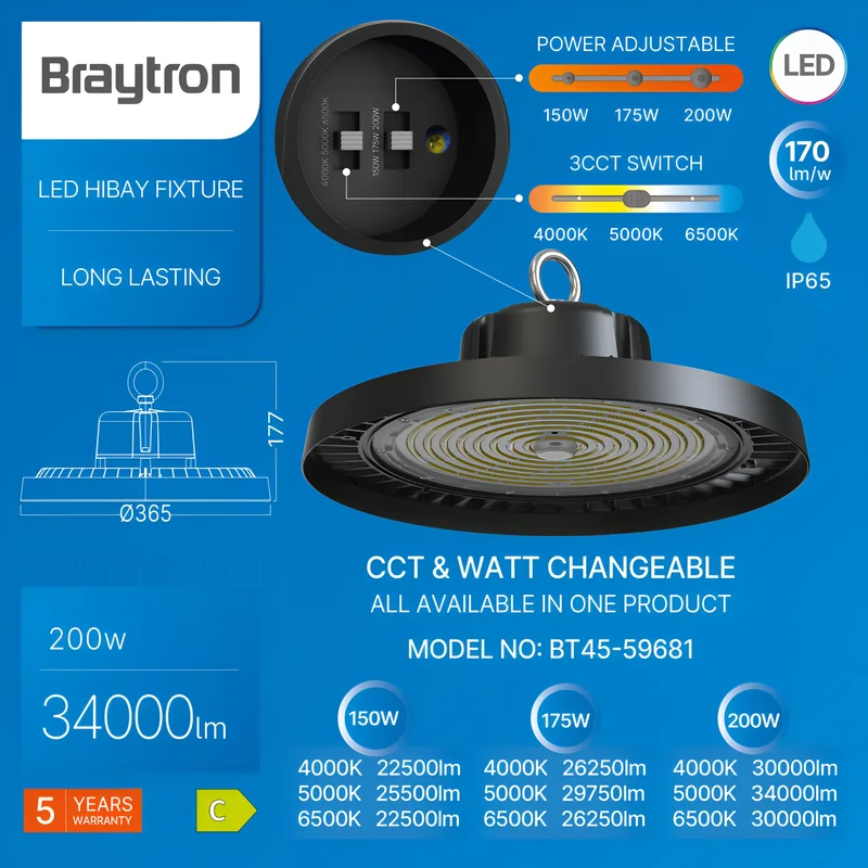 Braytron LED Hallenstrahler Highbay UFO 100W–200W – 13000–34000lm – IP65 wasserdicht – 3CCT Farbwahl (3.000K -6.500K) – LED Industriebeleuchtung für Lagerhalle, Werkstatt, Garage, Hibay (200, Watt) – Ansicht 8