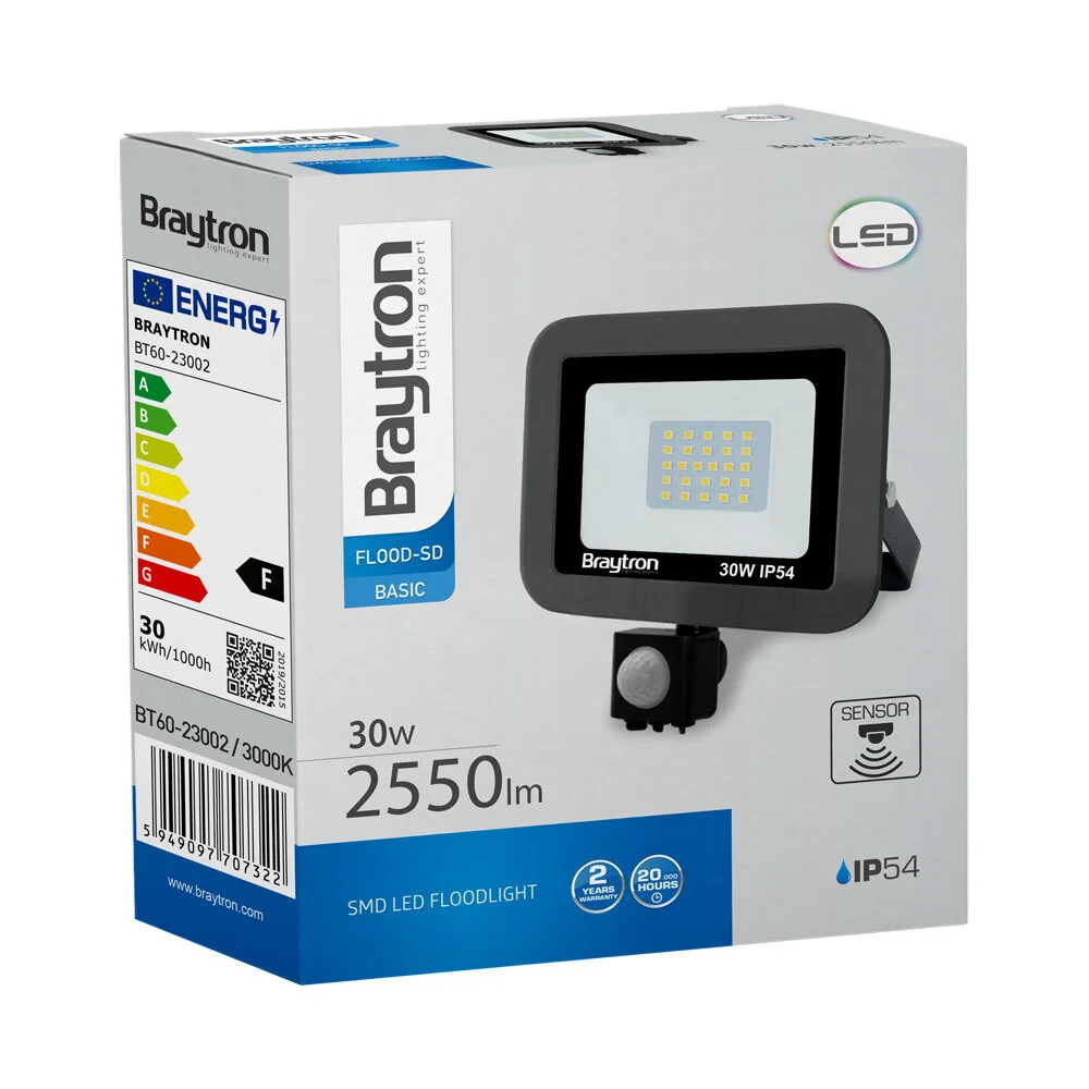 Projecteur LED extérieur 30W gris – Blanc chaud 3000K, détecteur de mouvement, IP54 – BT60-23002