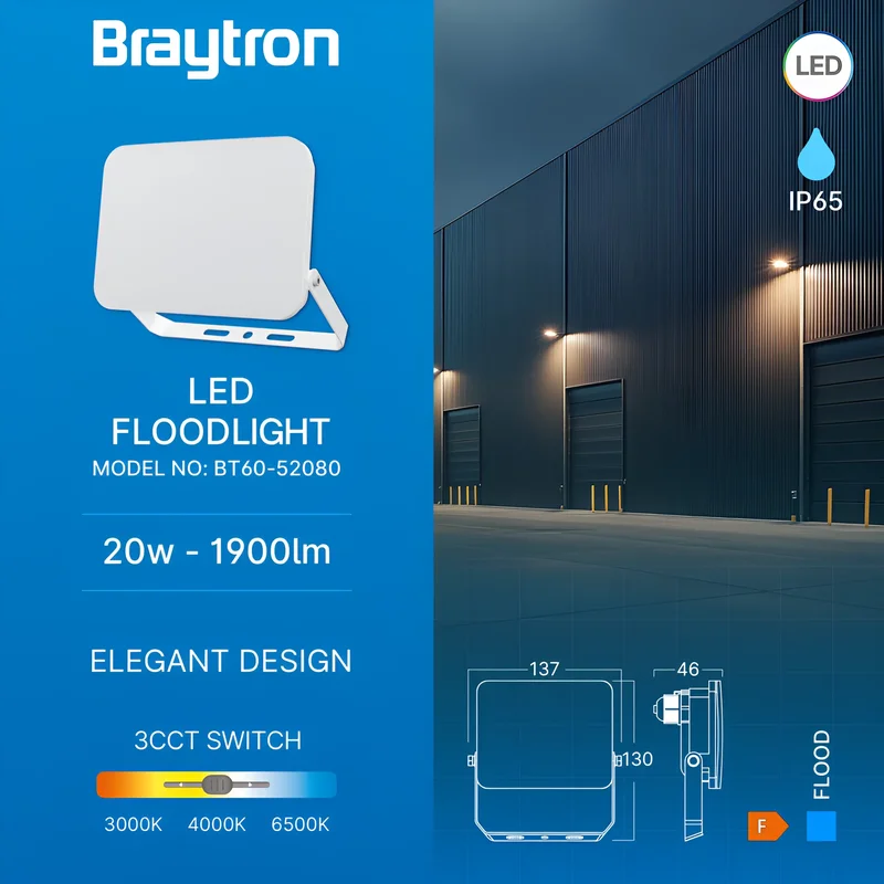 Braytron LED Flutlichtstrahler 20W, 1900 Lumen, IP65, 3CCT, gleichmäßiges Licht ohne sichtbare LEDs, Außenstrahler für Garten und Hof – Ansicht 3