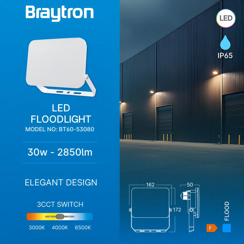 Braytron LED Flutlichtstrahler 30W, IP65, 3CCT, gleichmäßiges Licht ohne sichtbare LEDs, Außenstrahler für Einfahrt, Hof und größere Flächen – Ansicht 3