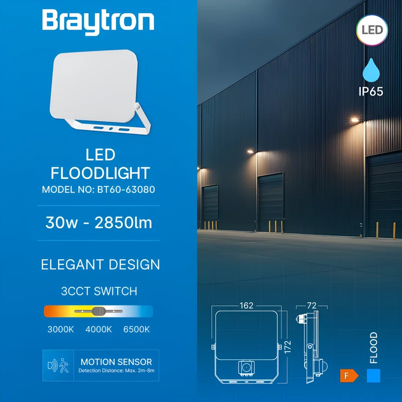 Braytron LED Außenstrahler 30W mit Bewegungsmelder – Flutlichtstrahler IP65 2850lm 3CCT Farbtemperatur (3000K/4000K/6500K), LED Gartenstrahler Wandstrahler Fluter – Ansicht 3