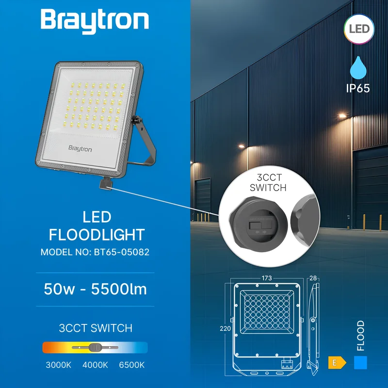 Braytron LED Flutlicht Außen IP65 – LED Strahler mit 3CCT Farbwahl 3000K/4000K/6500K – Aluminium Außenstrahler 90° – Garten, Hof & Baustrahler – 10W - 300W (50, Watt) – Ansicht 3