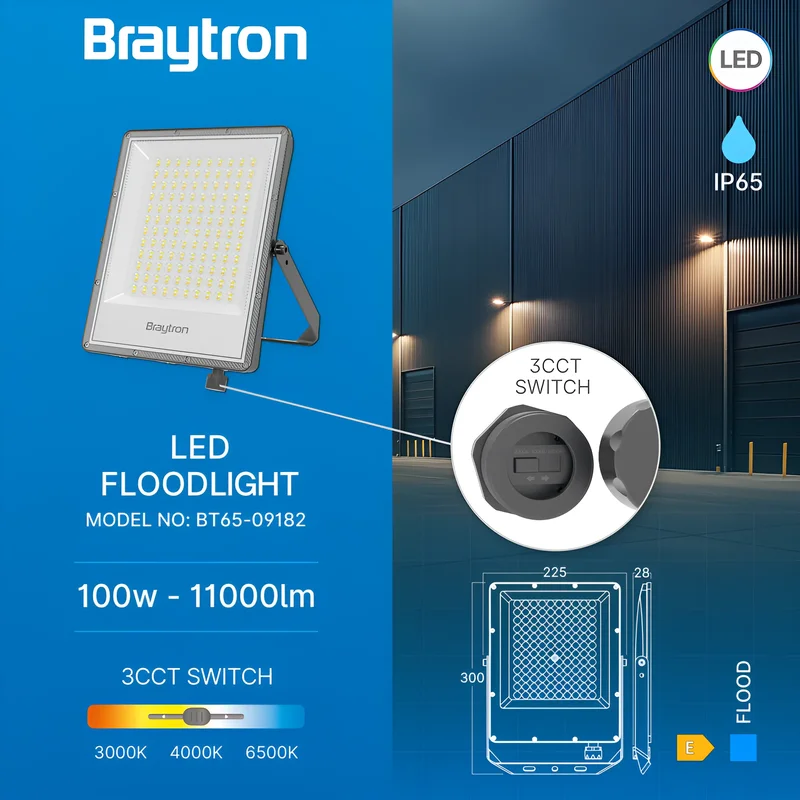 Braytron LED Flutlicht Außen IP65 – LED Strahler mit 3CCT Farbwahl 3000K/4000K/6500K – Aluminium Außenstrahler 90° – Garten, Hof & Baustrahler – 10W - 300W (100, Watt) – Ansicht 3