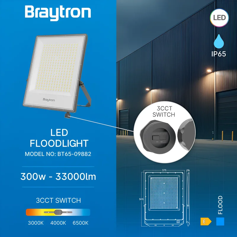 Braytron LED Strahler Außen 300W, 33000 Lumen, 3IN1 3IN1, IP65 wasserdicht, Fluter Flutlicht Außenstrahler (Grau) – Ansicht 3
