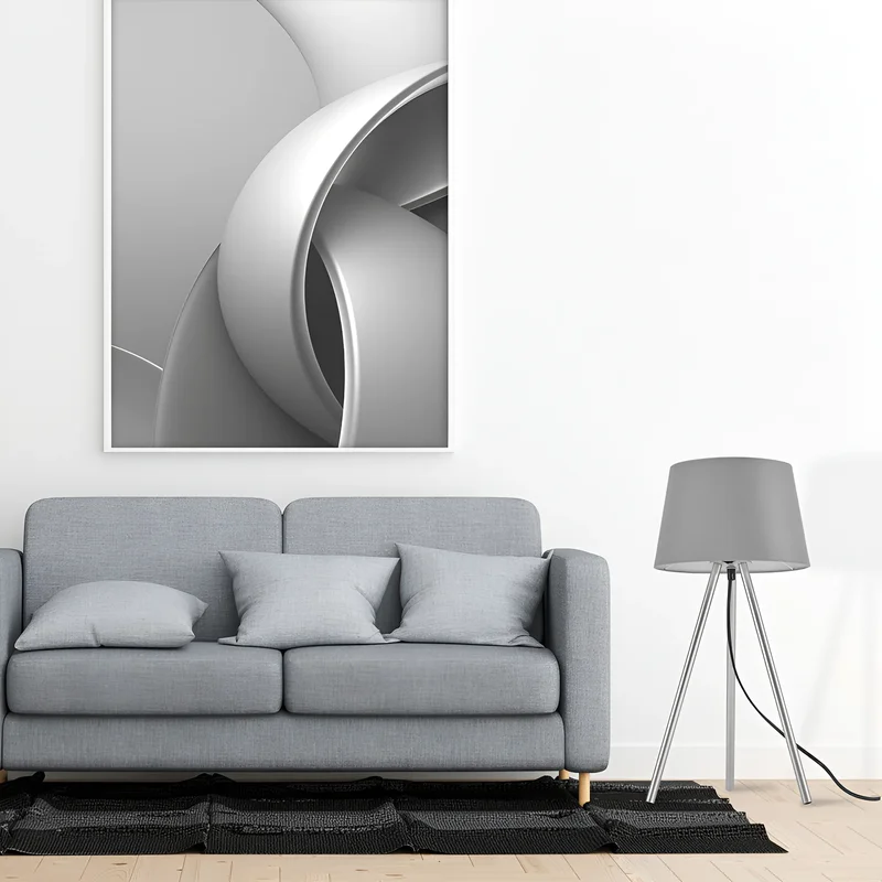 Braytron Beistellleuchte 48 cm – 3-Bein Designleuchte mit satiniertem, lichtstreuendem Kunststoffschirm & Chrombeinen, E27 Fassung, Ein/Aus-Schalter am Kabel, für Wohnzimmer & Schlafzimmer (Grau) – Ansicht 2