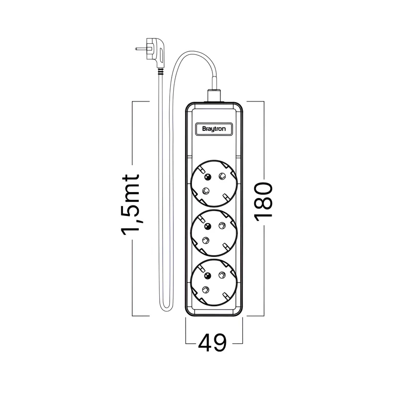 Braytron Mehrfachsteckdose 3-Fach mit 1,5 m Kabel, ohne Schalter, 3680W, Kindersicherung, Steckdosenleiste mit Clip-System – Ansicht 7